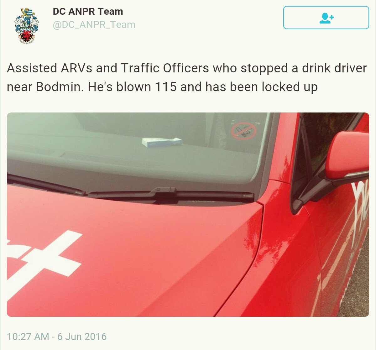 Devon and Cornwall Police's Twitter feed. Possibly not the kind of publicity this radio station brand really wanted. (An ARV is an armed response vehicle.)